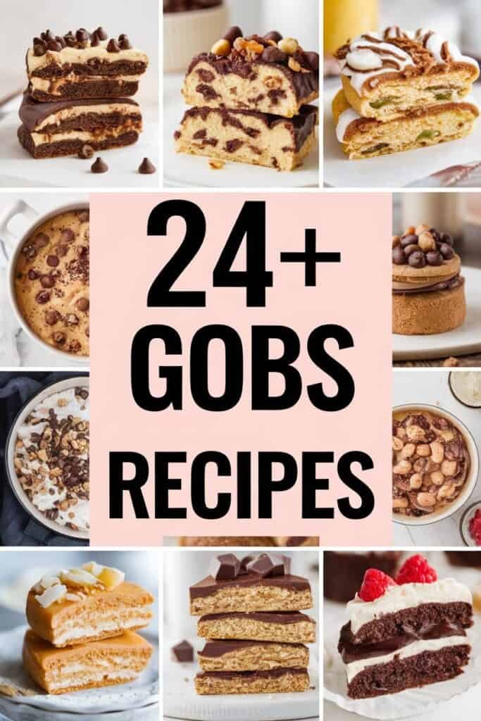 Collage of 24+ delicious gob recipes featuring various layered desserts, including chocolate, cookie, and cream variations, showcasing tempting treats like chocolate chip cookie bars, layered cakes, and dessert bowls.