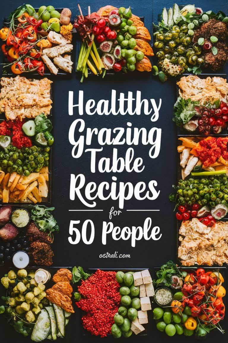 Colorful spread of healthy grazing table recipes designed for 50 people, featuring a variety of fresh fruits, vegetables, and snacks, ideal for gatherings and events.