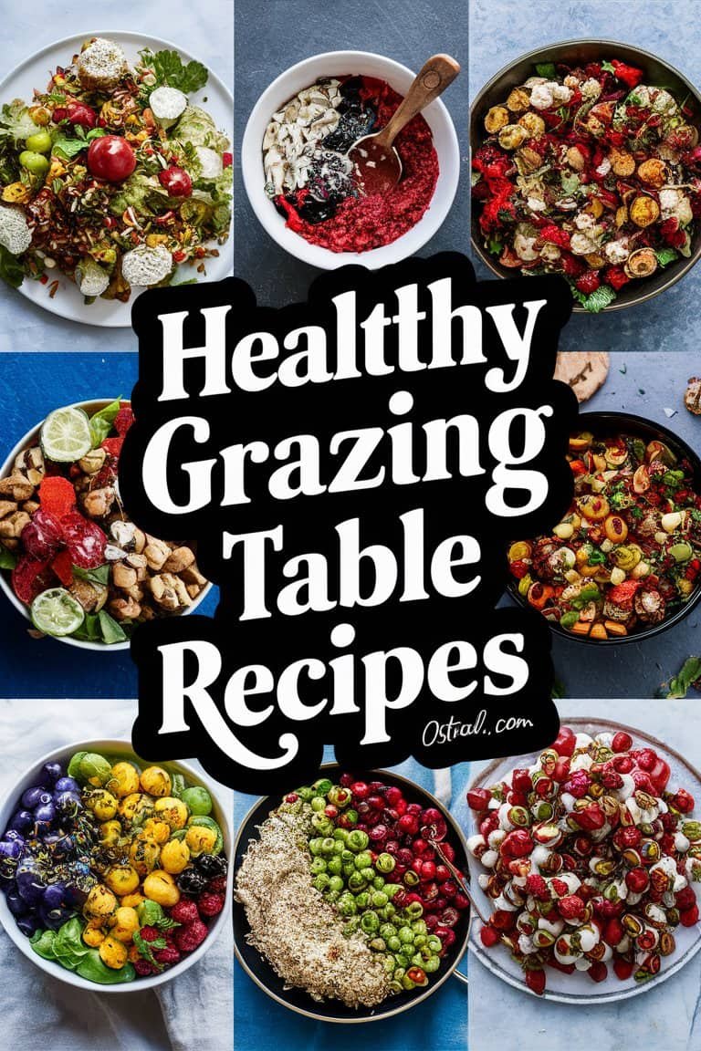 A vibrant assortment of healthy grazing table recipes featuring colorful salads, fresh vegetables, and various dips, ideal for entertaining and nutritious snacking.