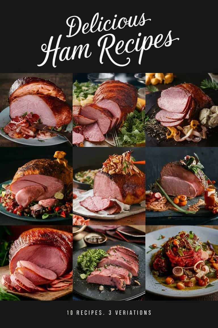 A collage of beautifully presented ham dishes, showcasing various styles of sliced ham served with garnishes, sides, and decorative plating. The image highlights different serving suggestions for ham, ideal for festive occasions and gatherings.