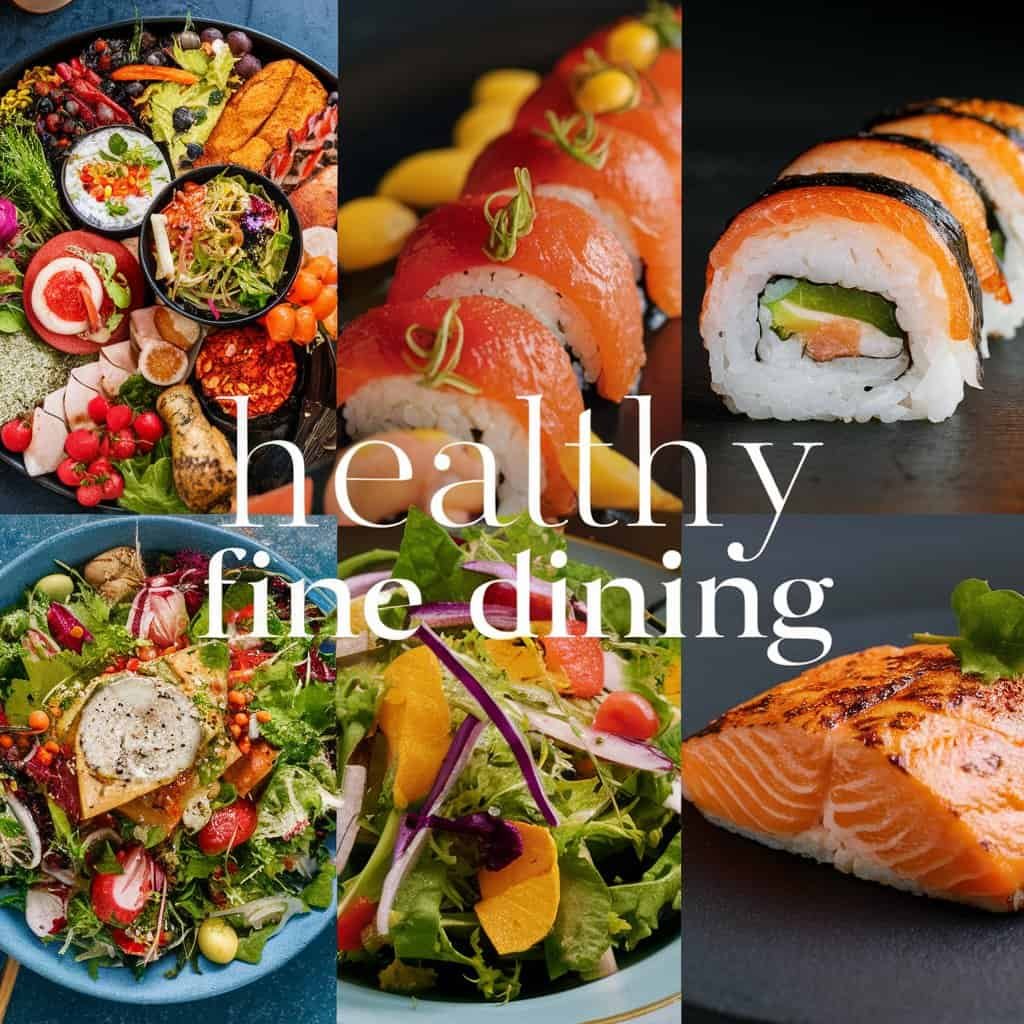 Collage of healthy fine dining dishes including colorful salads, sushi rolls, and grilled salmon, showcasing fresh ingredients and gourmet presentation.