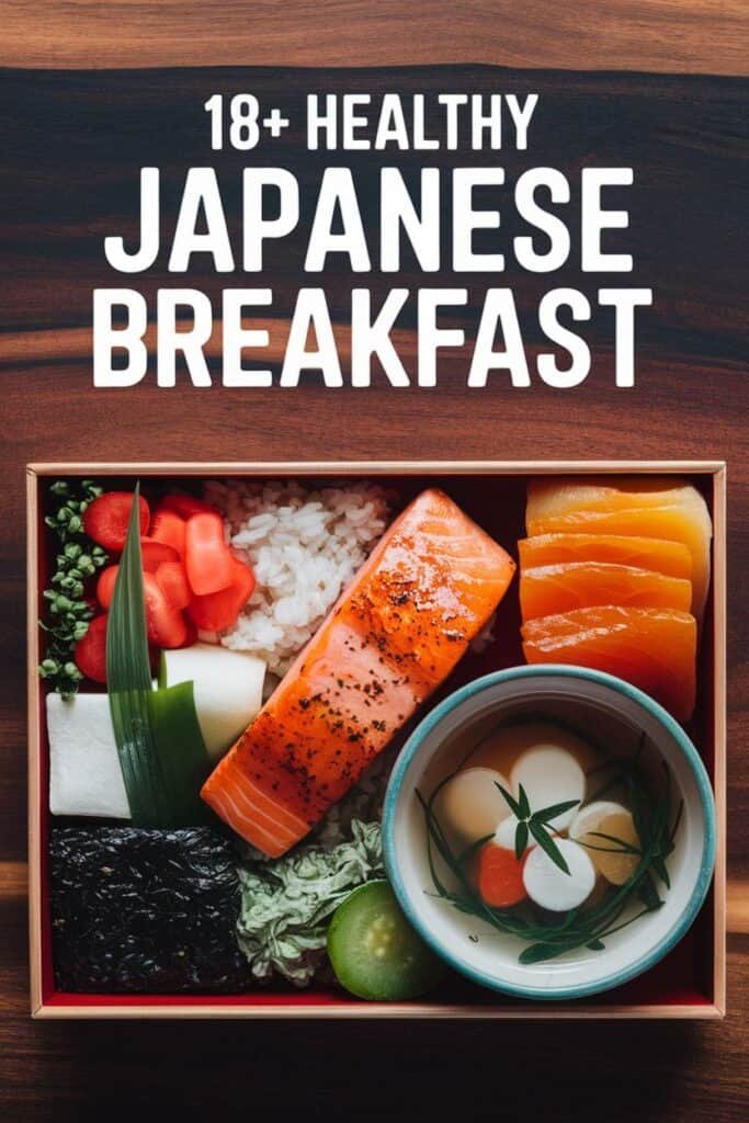 Healthy Japanese breakfast bento box featuring grilled salmon, rice, assorted vegetables, pickled items, and a light soup, highlighting nutritious ingredients and vibrant colors.