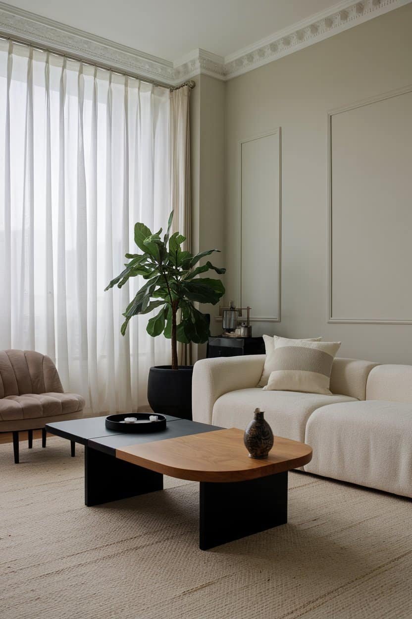 Modern living room with a white sofa, beige armchair, and a stylish wooden coffee table. A large green plant adds a touch of nature, while sheer curtains allow natural light to brighten the space. Elegant interior design elements create a cozy atmosphere.