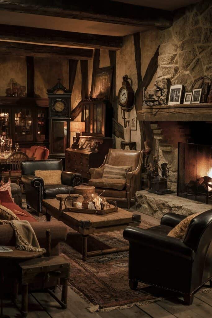 Cozy rustic living room with a stone fireplace, wooden beams, comfortable seating, and warm lighting, creating an inviting atmosphere for relaxation and gatherings.