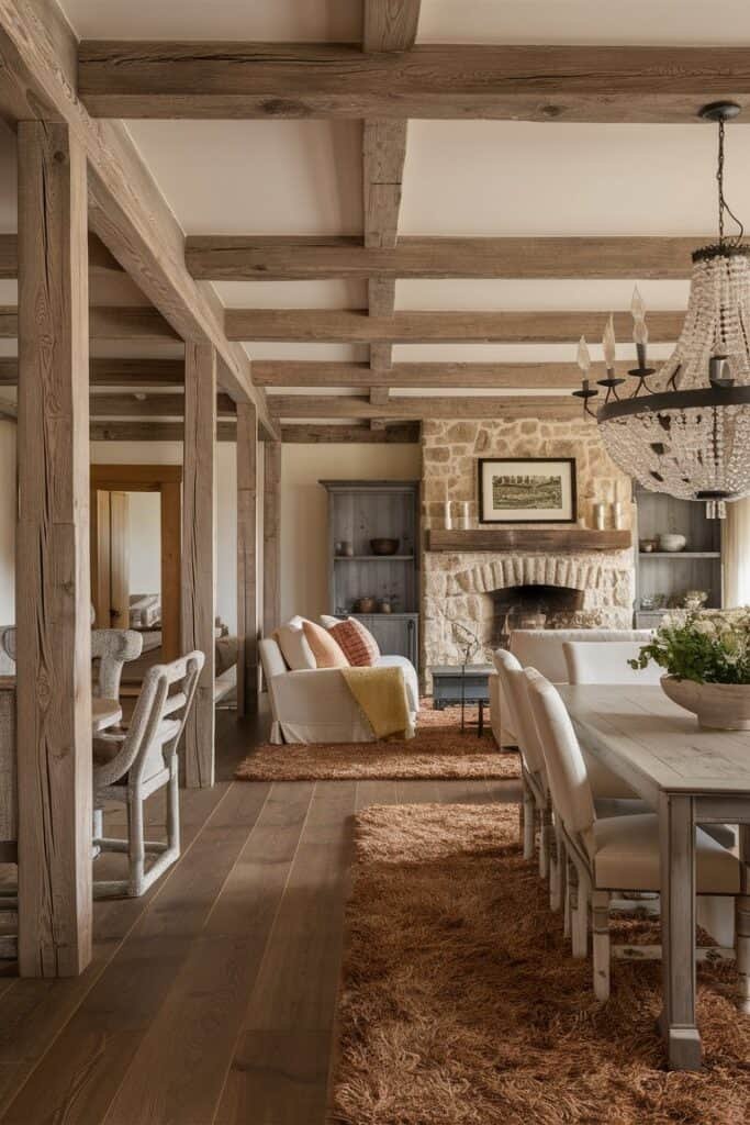 Cozy dining area with wooden beams, a stone fireplace, and a large dining table surrounded by upholstered chairs, featuring warm tones and a comfortable seating arrangement.