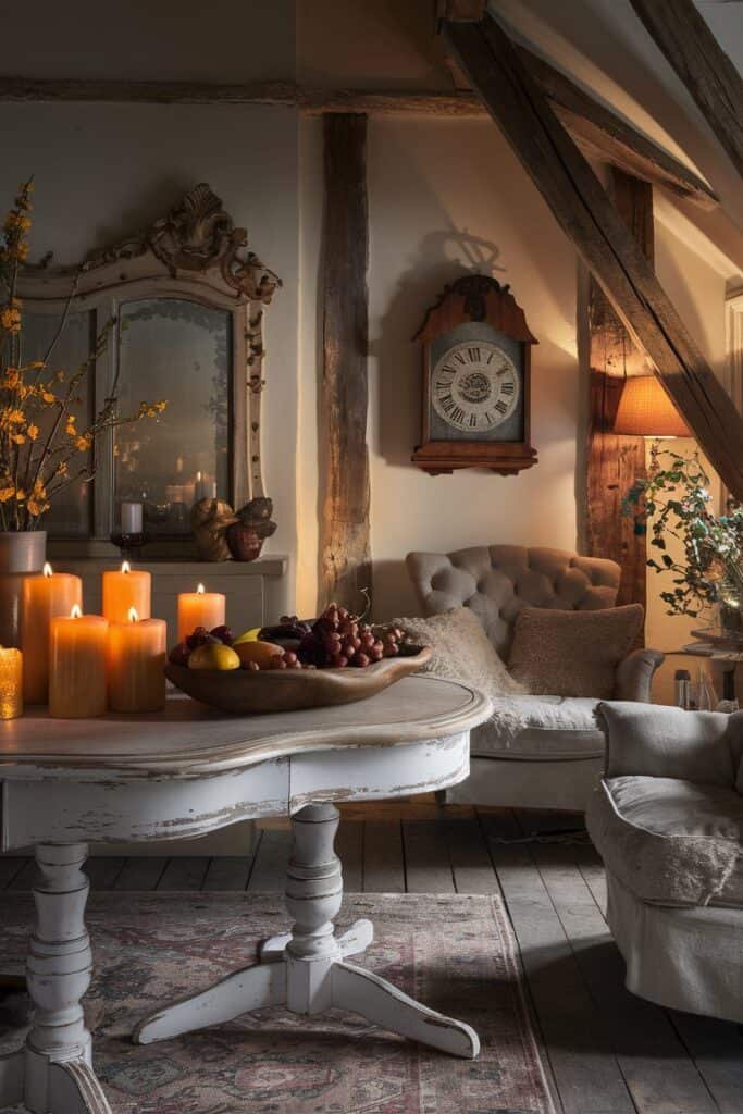 Cozy interior design featuring a rustic table with lit candles, a decorative bowl of fruits, vintage clock on the wall, and a comfortable sofa, creating a warm and inviting atmosphere.