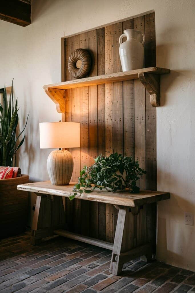 Cozy interior scene featuring a wooden table with a decorative lamp, potted plants, and wall shelves adorned with minimalist decor, creating a warm and inviting atmosphere.