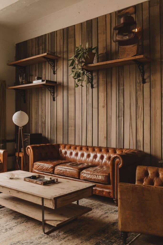 Cozy living room featuring a brown leather chesterfield sofa, wooden shelves with decor, and a modern floor lamp, set against a rustic wooden wall.