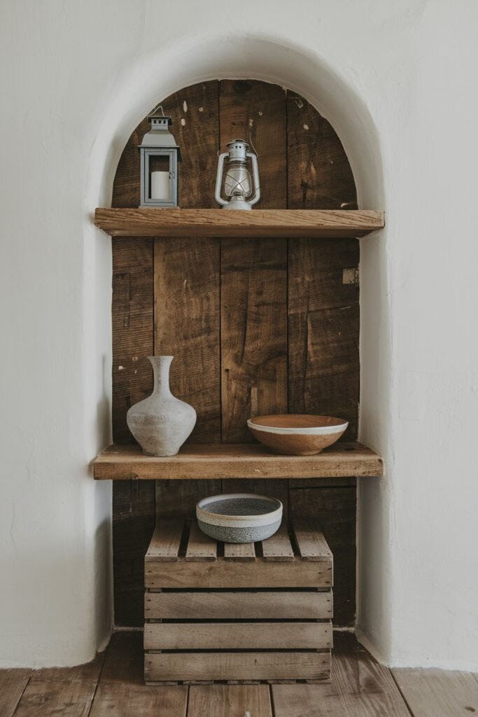 Wooden shelf with decorative items, including a white vase, ceramic bowls, and a vintage lantern, set against a textured wall.