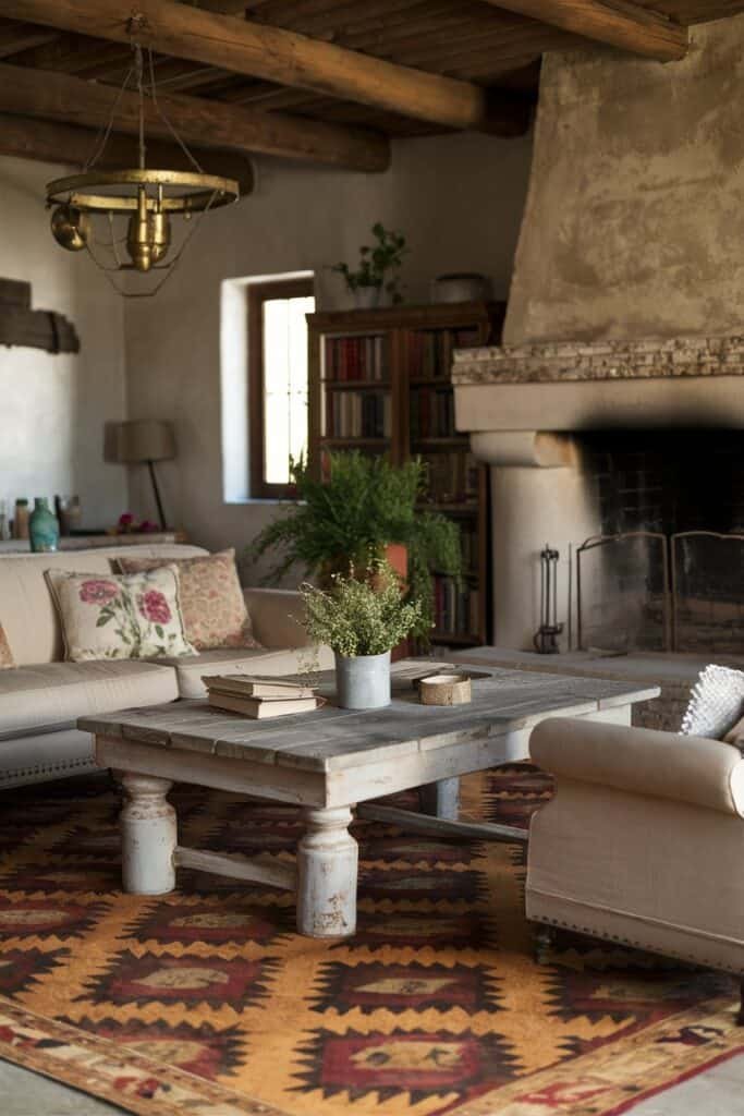 Cozy living room with a stone fireplace, comfortable sofas, and a wooden coffee table adorned with books and a potted plant, featuring warm lighting and rustic decor.