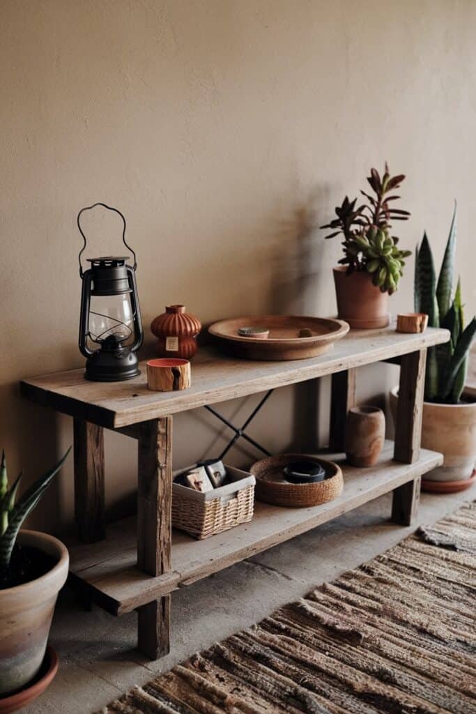 Rustic wooden console table with potted plants, a vintage lantern, and decorative items, set against a neutral wall, creating a warm and inviting home decor atmosphere.