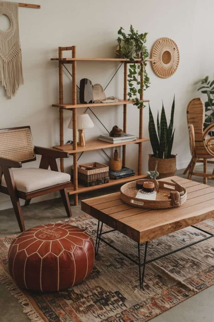 Cozy living room interior featuring a wooden coffee table, a stylish armchair, a bookshelf with decor, and potted plants, creating a warm and inviting atmosphere.