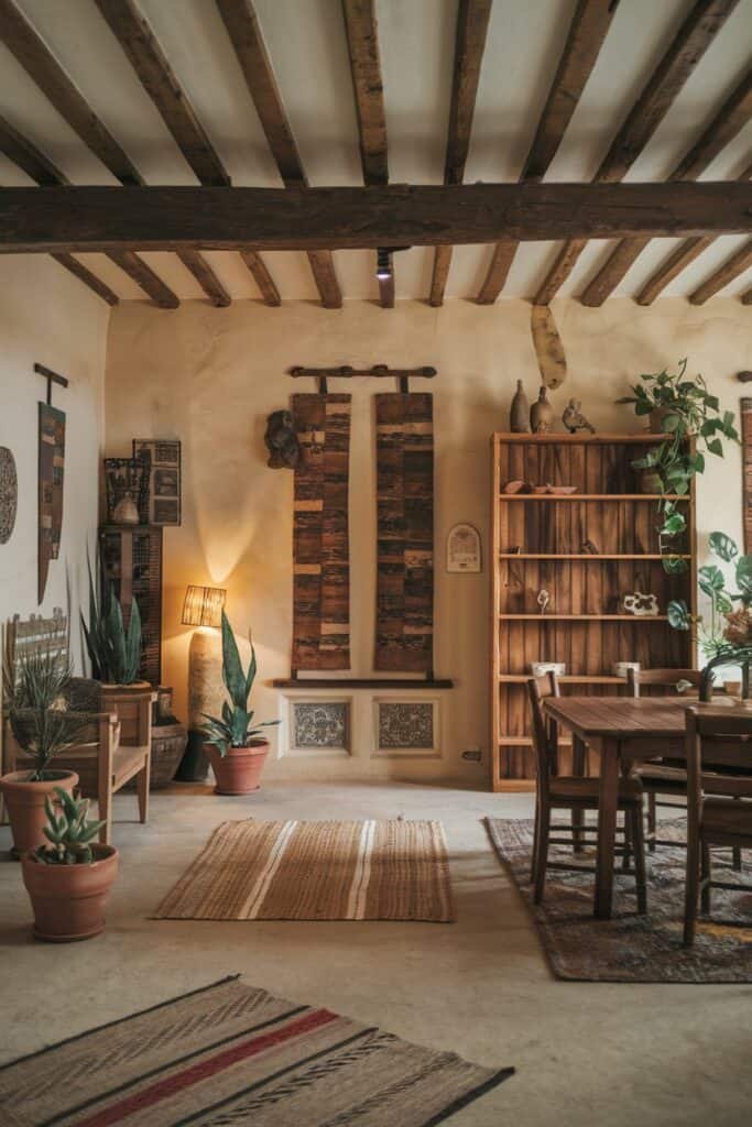 Cozy interior of a rustic living room featuring wooden furniture, woven wall hangings, potted plants, and warm lighting, creating an inviting atmosphere.