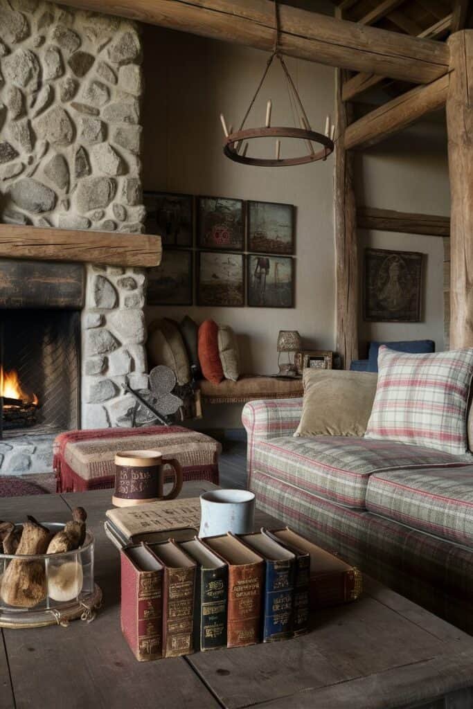 Cozy living room interior featuring a stone fireplace, plaid sofa, wooden accents, and decorative books, creating a warm and inviting atmosphere.