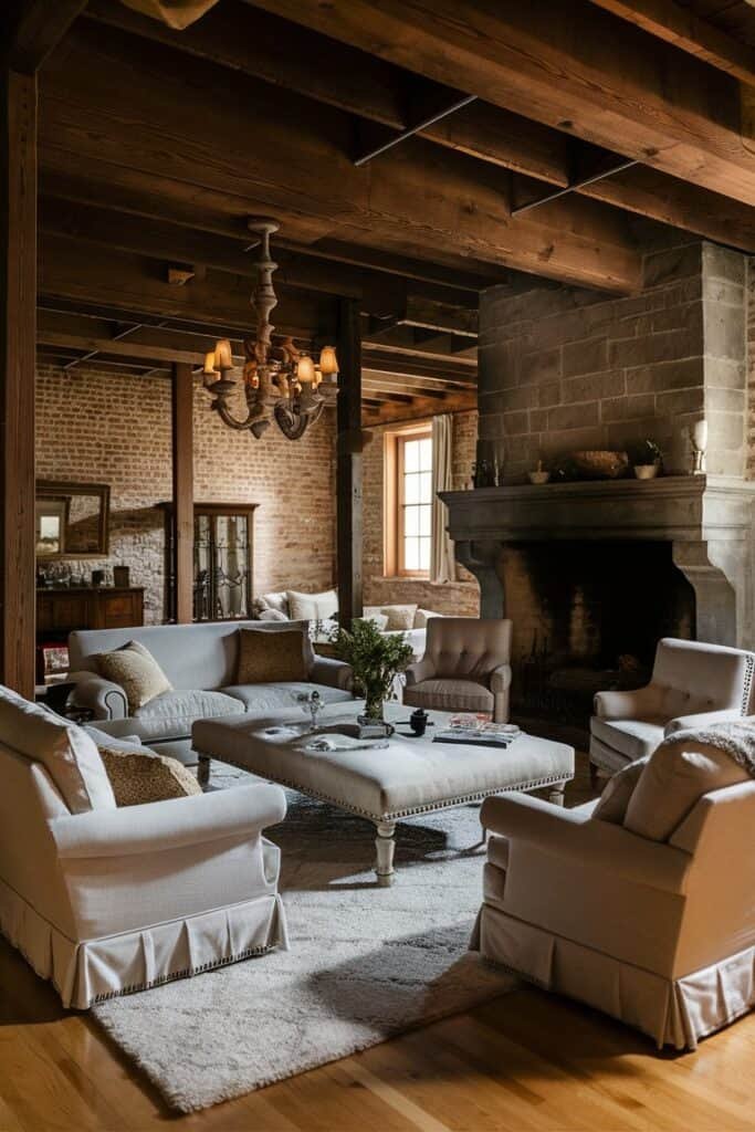 Cozy living room featuring a rustic design with exposed wooden beams, a stone fireplace, elegant seating, and a chandelier, creating a warm and inviting atmosphere.