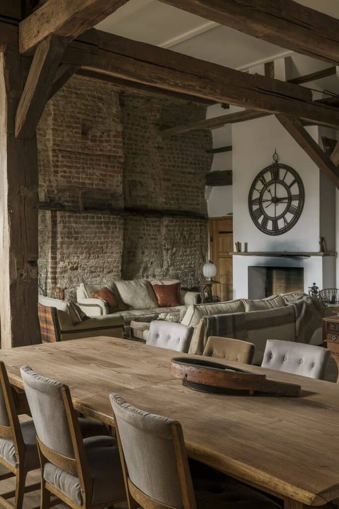 Cozy rustic living room featuring a large wooden dining table, comfortable seating, and a stylish wall clock. The space combines natural materials with a warm, inviting atmosphere.