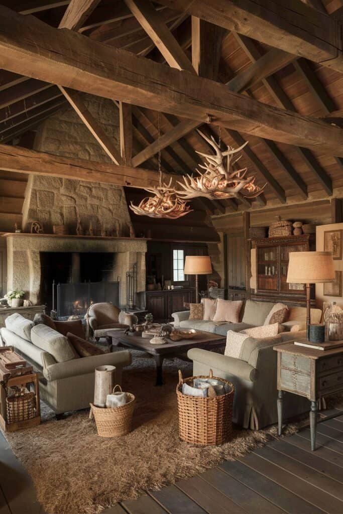 Cozy rustic living room featuring wooden beams, antler chandeliers, comfortable sofas, and warm lighting, creating an inviting atmosphere.