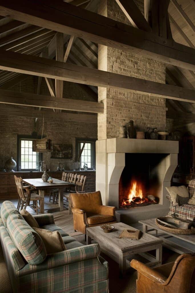 Cozy rustic living room featuring a large stone fireplace, wooden beams, comfortable seating, and a dining area, creating a warm and inviting atmosphere.