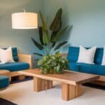 Modern living room featuring teal sofas with white pillows, a wooden coffee table, and a large green plant, all set against a light blue wall.