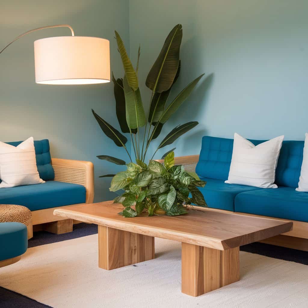 Modern living room featuring teal sofas with white pillows, a wooden coffee table, and a large green plant, all set against a light blue wall.