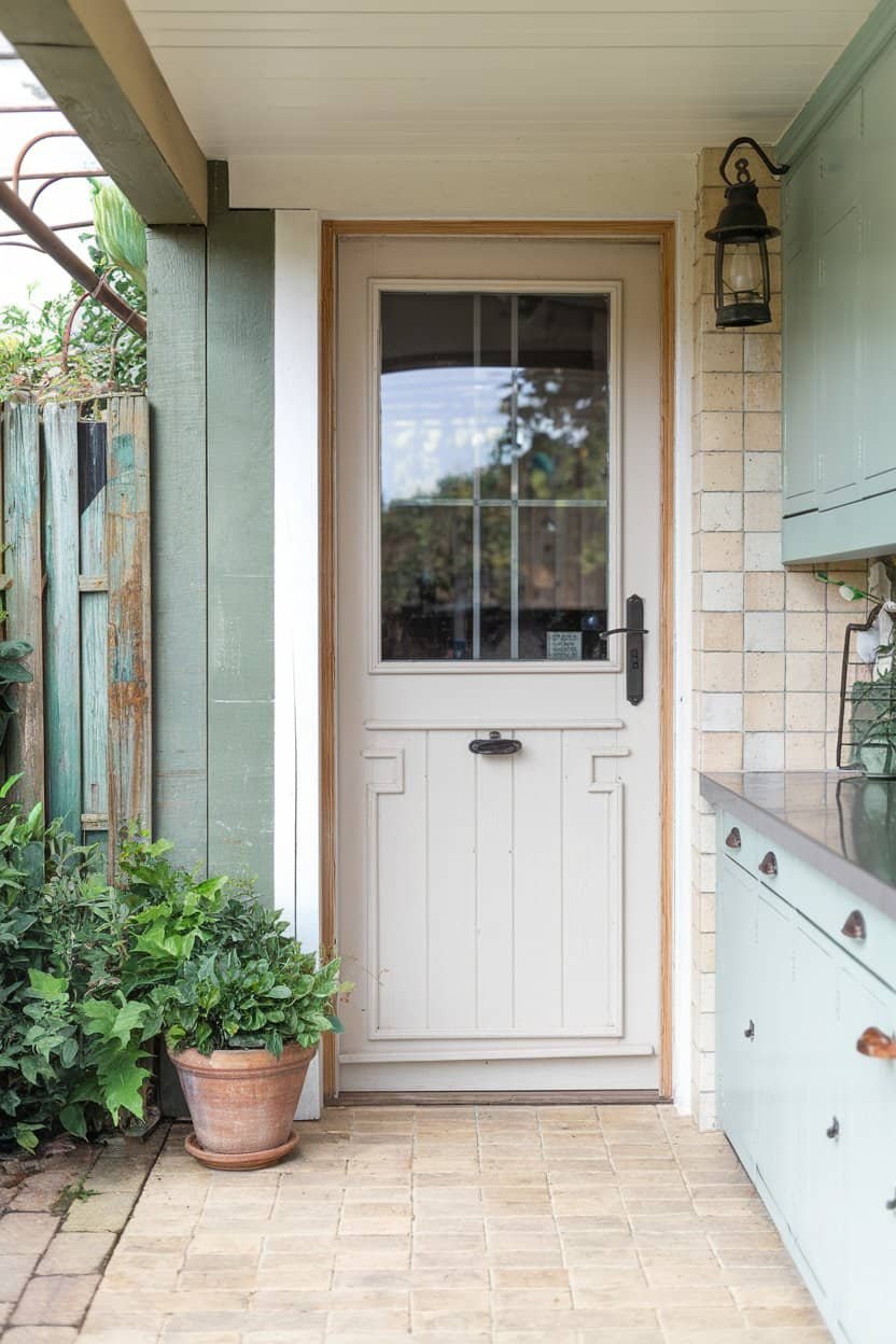 Exterior view of a cream-colored door with a window, surrounded by greenery and a patio area, showcasing a modern entryway design.