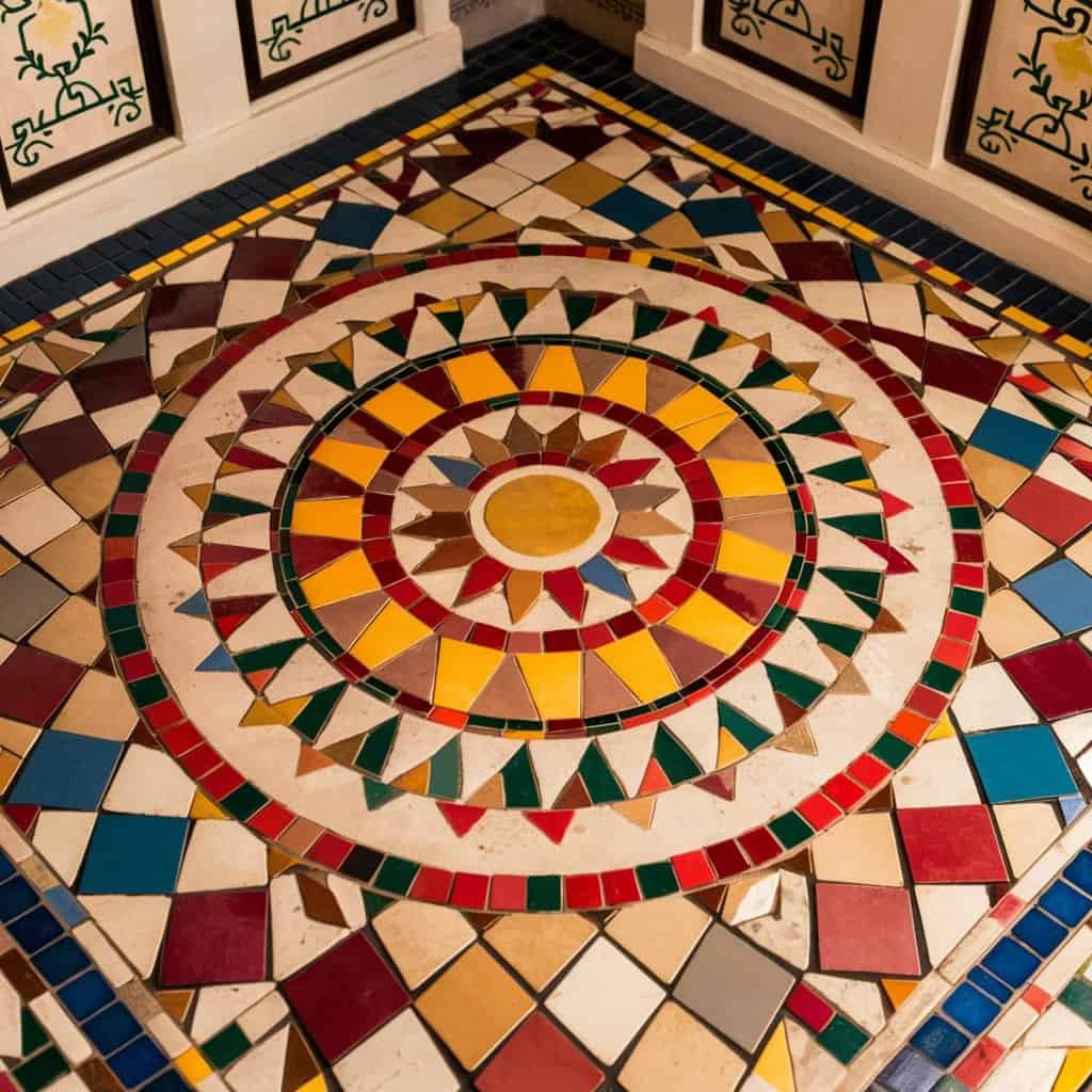 Colorful geometric mosaic tile floor design featuring a central circular pattern with vibrant hues of red, yellow, green, and blue, set in a decorative interior space.