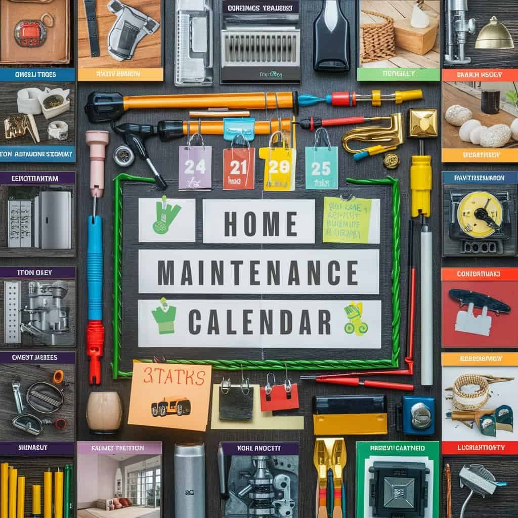 Flat lay of various home maintenance tools and supplies surrounding a central sign that reads "Home Maintenance Calendar," showcasing items for DIY projects and home upkeep.