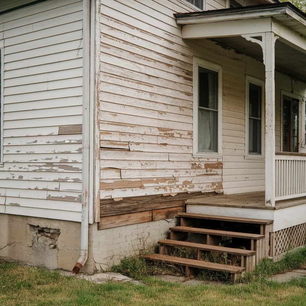 Weathered exterior of a house showing peeling paint on wood siding and worn wooden steps leading to the porch, highlighting the need for renovation and maintenance.