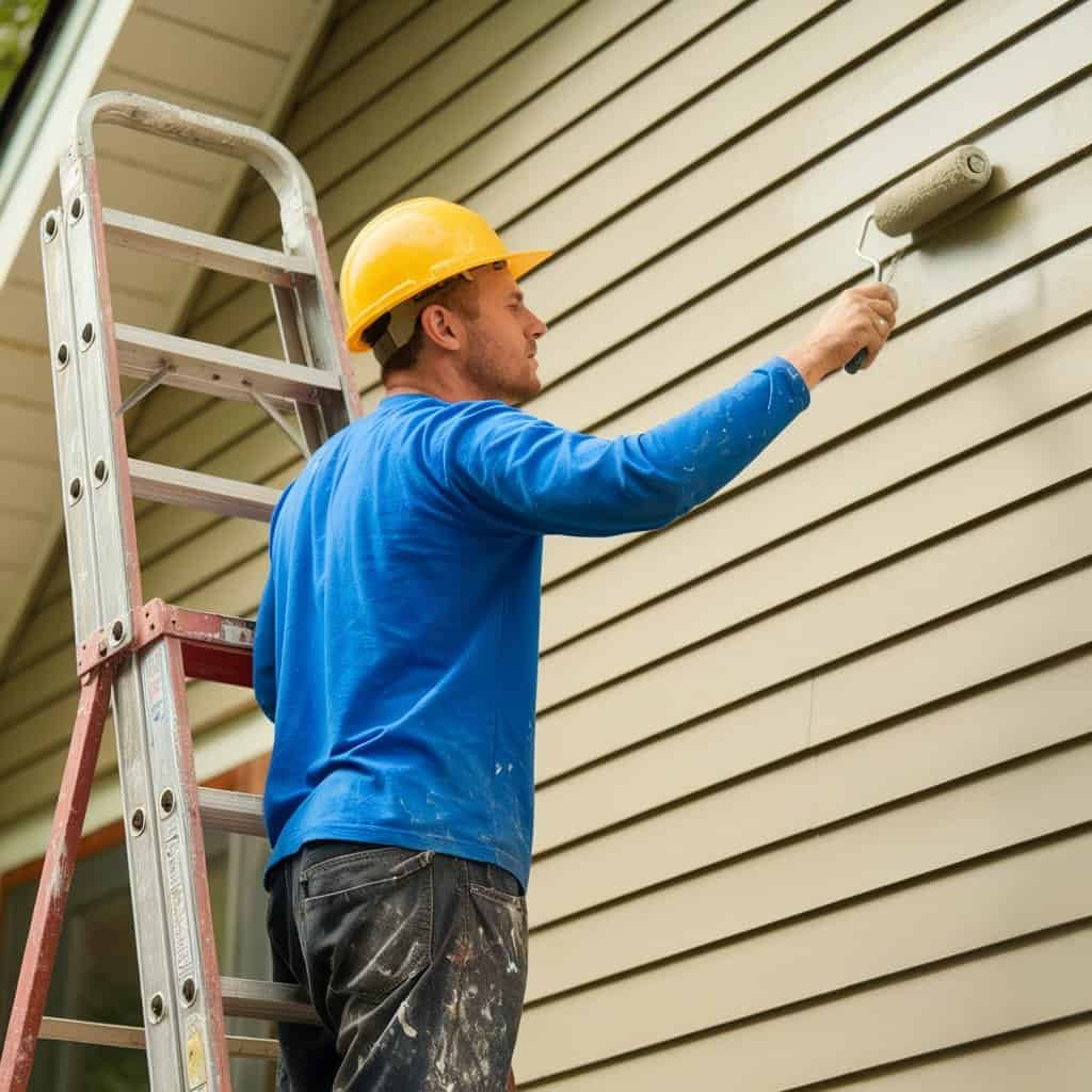 Worker painting the exterior of a house with a roller while standing on a ladder, wearing a safety helmet and blue long-sleeve shirt.