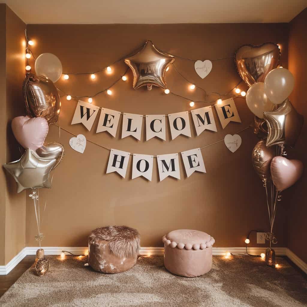 Decorative home welcome display featuring a "WELCOME HOME" banner, gold and pink balloons, and fairy lights, creating a warm and festive atmosphere.