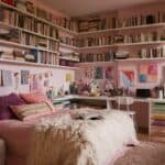 Cozy pink-themed reading nook featuring a large bookshelf filled with books, a comfortable bed with decorative pillows, and a stylish desk area for studying or working.