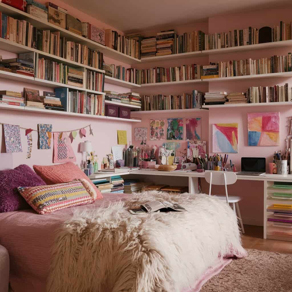 Cozy pink-themed reading nook featuring a large bookshelf filled with books, a comfortable bed with decorative pillows, and a stylish desk area for studying or working.