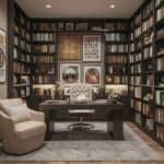 Cozy home office with a large bookshelf filled with books, a stylish desk, an ergonomic chair, and decorative artwork on the walls, creating an inviting workspace.