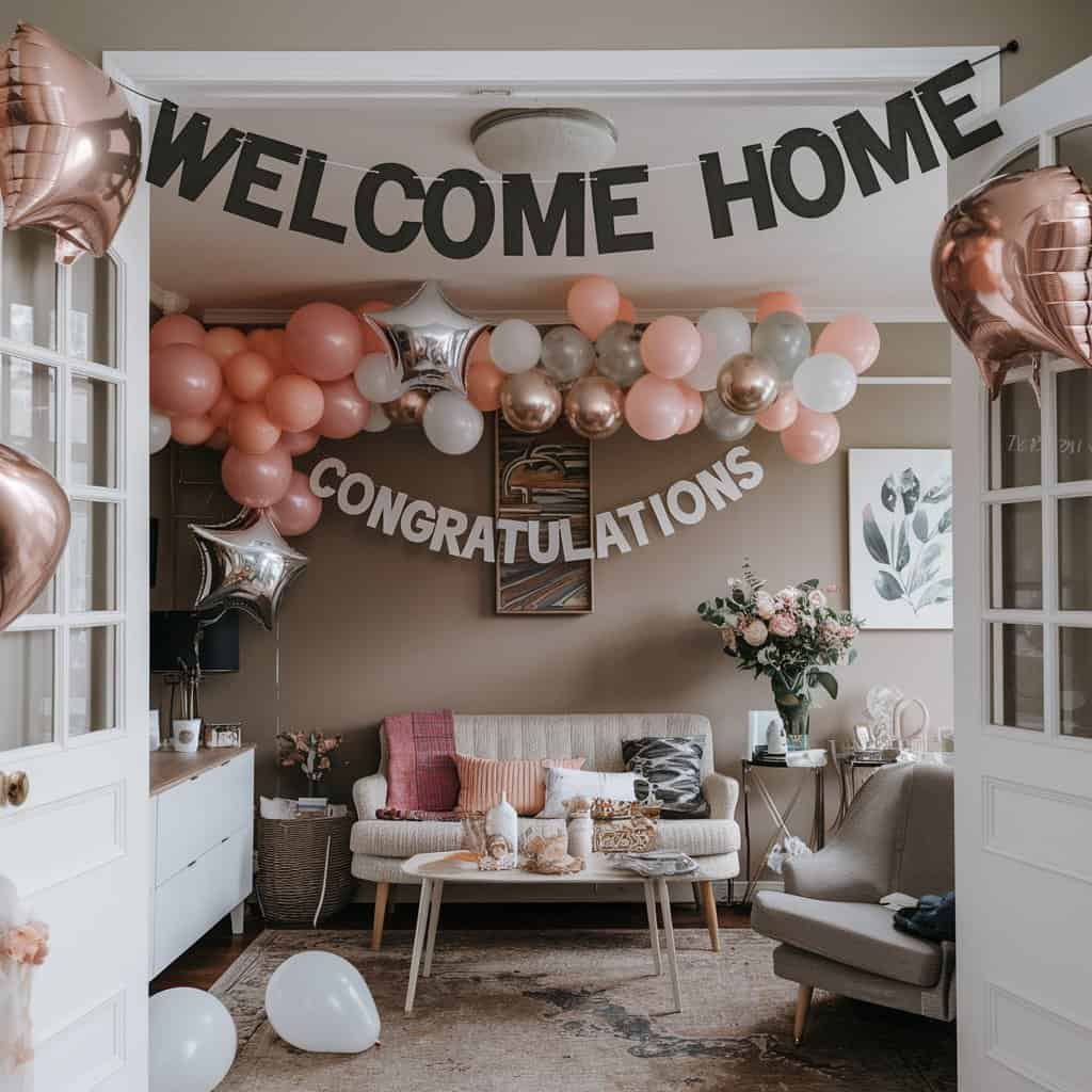 Cozy living room decorated for a celebration, featuring "Welcome Home" and "Congratulations" banners, colorful balloons, and a stylish sofa, creating a festive atmosphere.