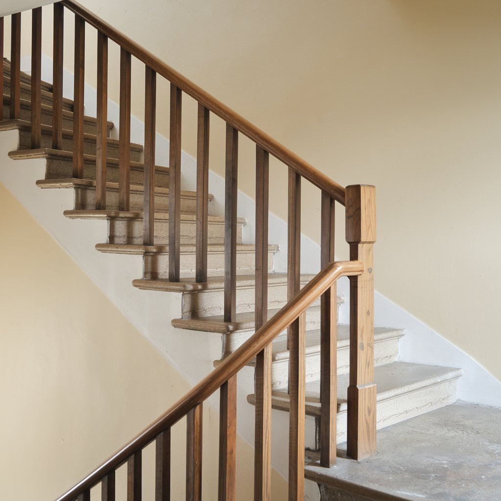 Interior staircase with wooden railing and light-colored walls, featuring stone steps and a modern design.