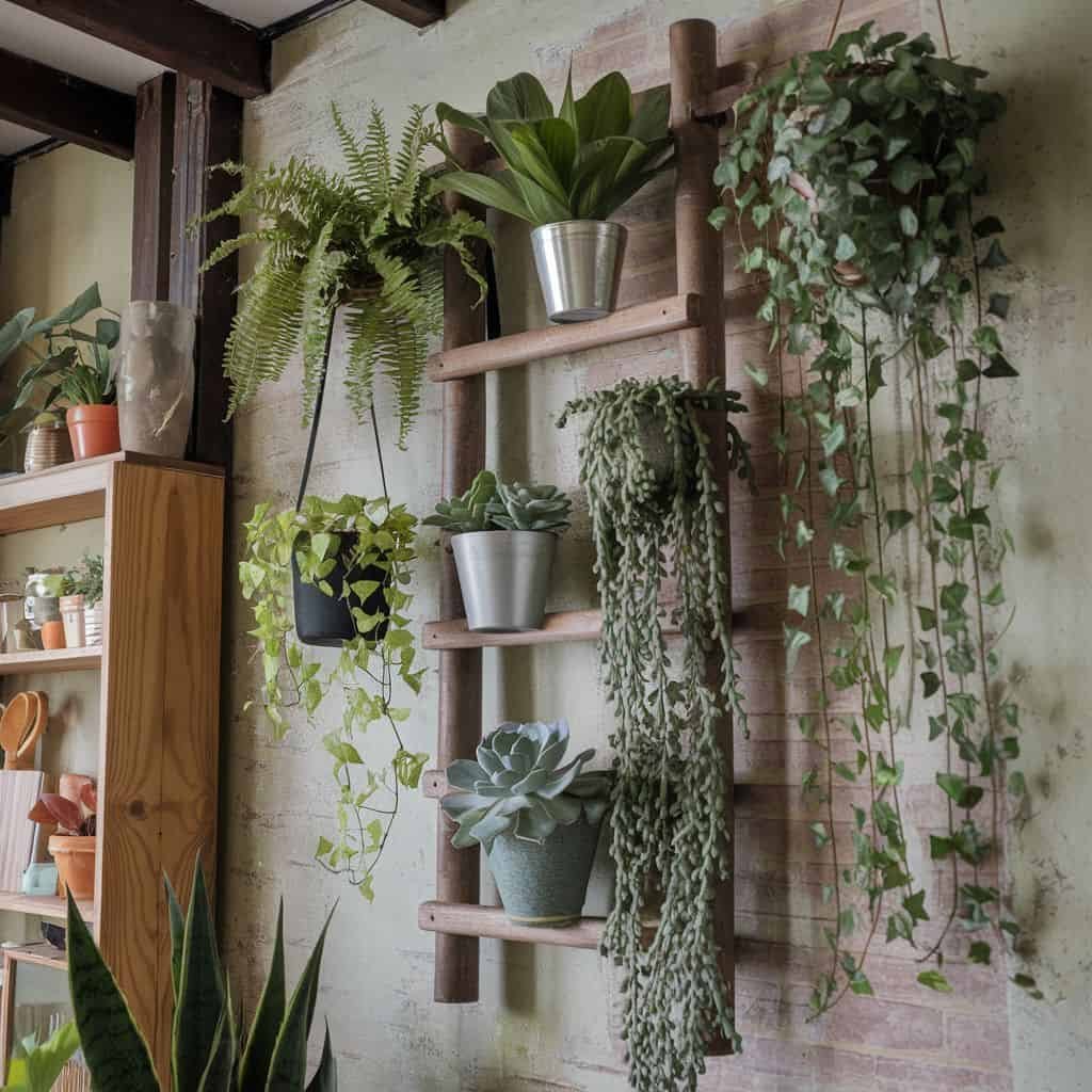 Indoor vertical garden display featuring various potted plants on a wooden ladder against a textured wall, showcasing lush greenery and decorative planters.