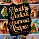 Collage of healthy Indian samosa recipes featuring various types of samosas with vibrant fillings, including vegetables and spices, showcasing 15 recipes and 3 variations.