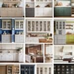 A collage of modern kitchen cabinet designs featuring various styles, colors, and finishes, including white, blue, green, and wood tones, showcasing storage solutions and aesthetic appeal for contemporary kitchens.