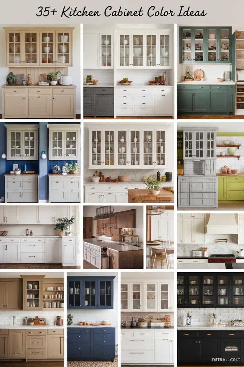 A collage of modern kitchen cabinet designs featuring various styles, colors, and finishes, including white, blue, green, and wood tones, showcasing storage solutions and aesthetic appeal for contemporary kitchens.