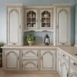 Classic vintage kitchen cabinetry with intricate arch designs, featuring a light-colored finish, glass-fronted upper cabinets, and decorative molding.