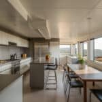 Modern kitchen design featuring sleek cabinetry, stainless steel appliances, a spacious island with bar seating, and a dining area with a wooden table, all set against large windows that provide natural light and scenic views.