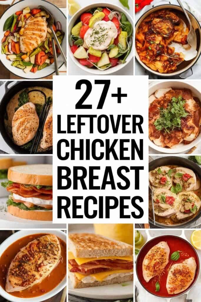 A collage of delicious dishes featuring leftover chicken breast, including salads, sandwiches, and casseroles, showcasing 27+ creative recipes to utilize leftover chicken effectively.