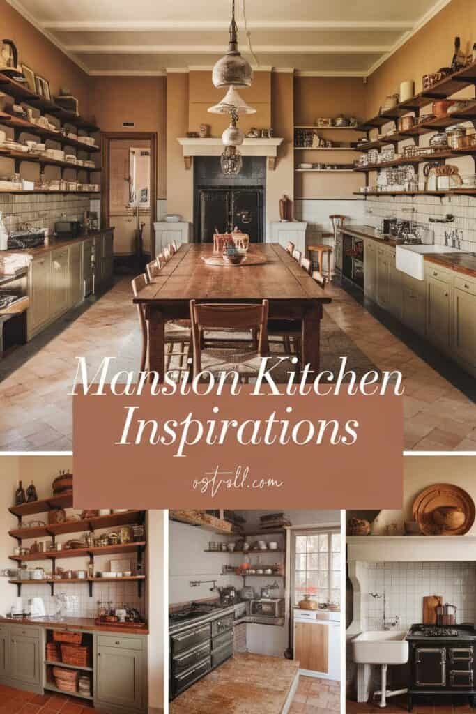 Spacious mansion kitchen featuring a large wooden dining table, vintage cabinetry, open shelving with decorative kitchenware, and a classic fireplace. The design combines rustic charm with modern functionality, showcasing various kitchen inspirations in a warm color palette.