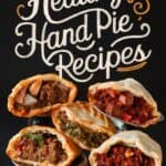 A collection of healthy hand pies showcasing various fillings, with a decorative title "Healthy Hand Pie Recipes" in an artistic font above. The pies are arranged to highlight their flaky crusts and colorful ingredients.