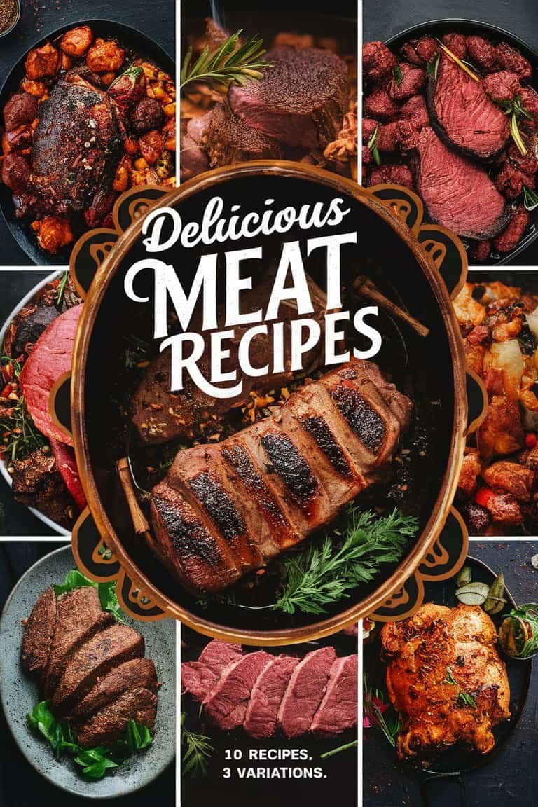 Collage of various meat dishes featuring a beautifully grilled steak at the center, showcasing a variety of delicious meat recipes.