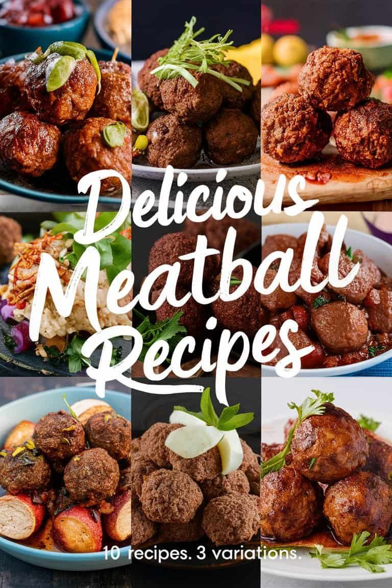 A collage of various delicious meatball dishes, showcasing different styles and presentations, with the text "Delicious Meatball Recipes" prominently displayed.