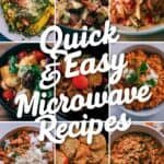 A collage of delicious microwave meals featuring various quick and easy recipes, showcasing colorful ingredients and appealing presentations. Ideal for busy individuals seeking fast meal solutions.