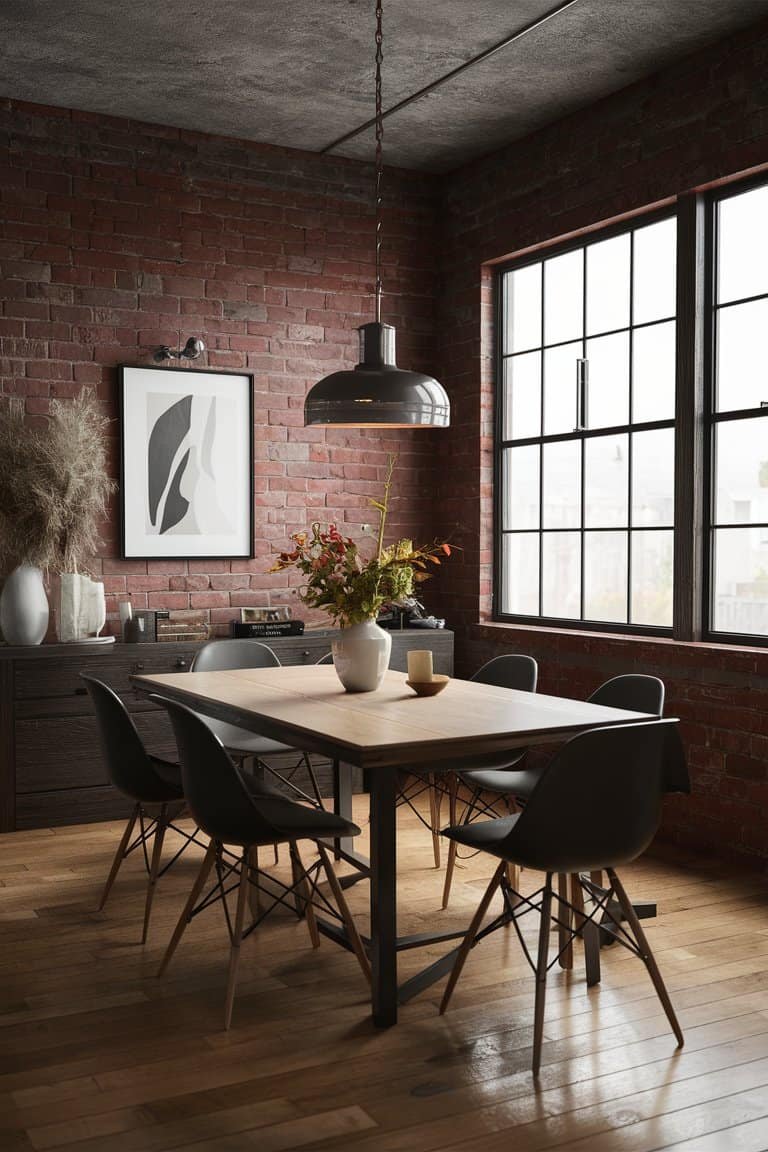 Modern dining room featuring a wooden table surrounded by black chairs, a large window with industrial-style panes, and exposed brick walls. A vase of flowers and artwork decorate the space, creating a cozy and stylish atmosphere.