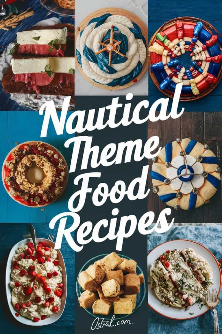 A collage of nautical-themed food recipes featuring colorful desserts and dishes, including a red, white, and blue cake, starfish-shaped cookies, and fruit parfaits, set against a blue background.