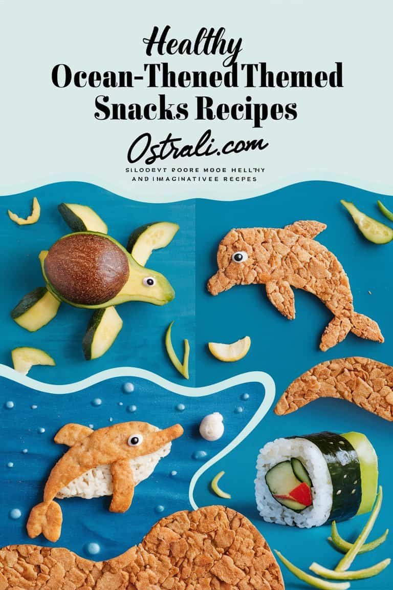 Colorful sea-themed snacks arranged on a blue background, featuring a turtle, dolphin, and sushi, showcasing fun and creative recipes for children's snacks.